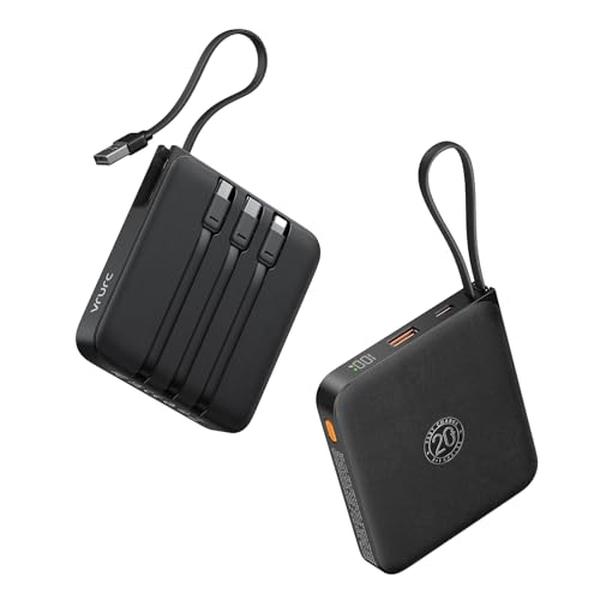 VRURC Ultra-Compact Chargeable Mobile Emergency Power Bank - 10000mAh Mini, 22.5W/20W Fast Charging Slim Portable Charger, 0.7” Thickness, Built-In USB-C Cable, Real-Time LED Screen, for Smartphones & Tablets (Travel Gadget, Multiple Device Charging)