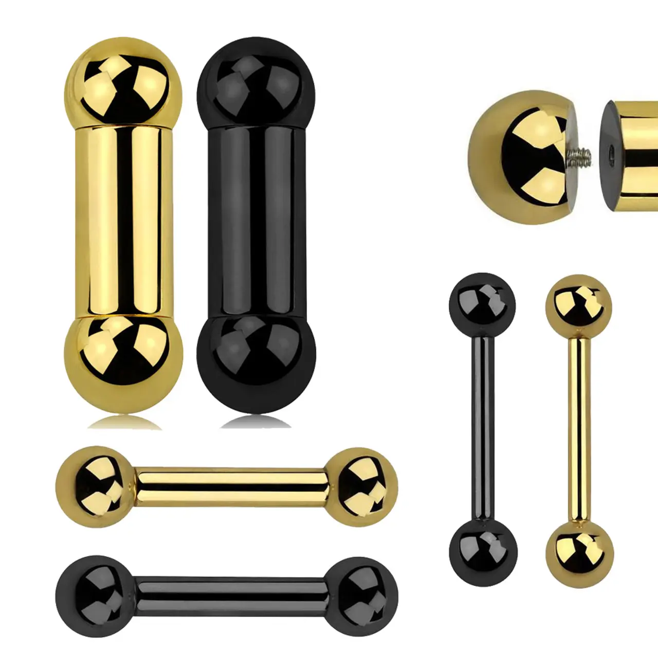 12G to 00G Internal Threaded Steel PVD Plated Straight Barbells  Surgical Steel Tongue Rings - Sold Individually