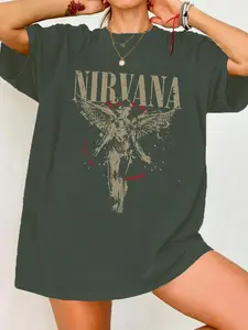 Women's Loose-Fit Summer Street Style T-Shirt, Nirvana Letter Print Knitted Fabric Knitting, Casual Loose Fit Graphic Tee for Daily Wear Streetwear Womenswear
