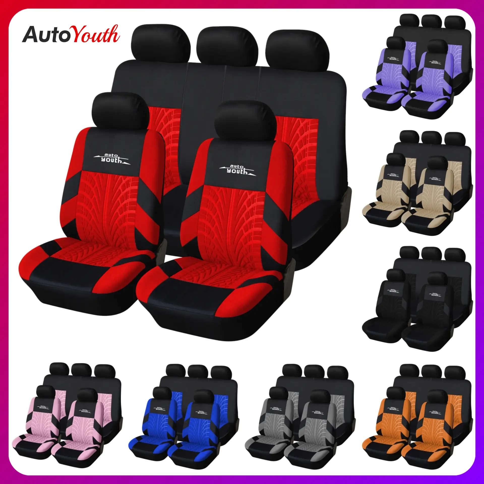 Car Seat Covers for 5 Seats Universal, Fabric Breathable Car Front & Rear Seat Protectors, with Tire Track Details, Airbag Compatible, Full Protection