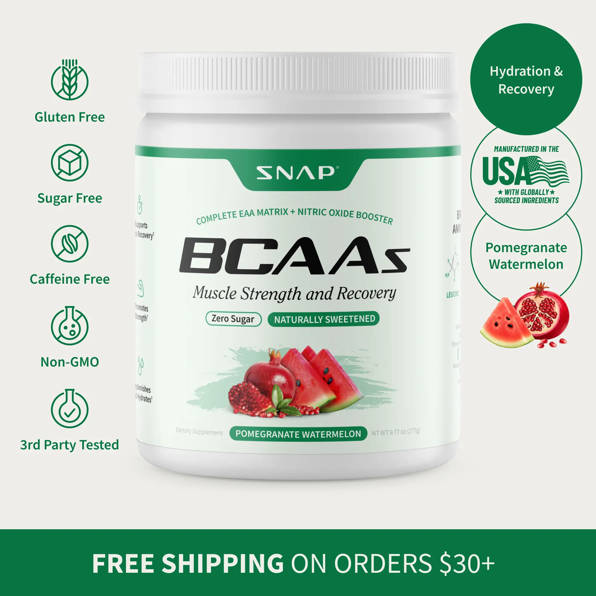 Snap Supplements - BCAA Powder - 30 Servings - Natural Supplement - Pomegranate Watermelon Flavor Healthcare Dietary Snap Supplements - BCAA Powder - 30 Servings - Natural Supplement - Pomegranate Watermelon Flavor Healthcare Dietary