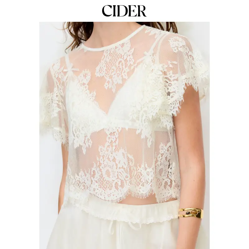 Cider Women's Sheer Lace Blouse - Feminine Round Neck, Elegant Short Ruffle Sleeves, Cotton Fabric, XL Size, Tops