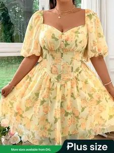 【Plus Size】 Floral Print Dress, Bohemian Fashion Casual Dress for Daily Holiday Vacation Wear, Women Plus Clothing for Summer