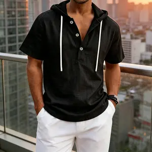 One men’s short-sleeve linen Henley shirt with hood—relaxed vacation style. Hood design with drawstring adds a casual touch; three-button Henley collar offers a laid-back yet refined look. Textured linen fabric has a natural feel, while a loose drop-shoul
