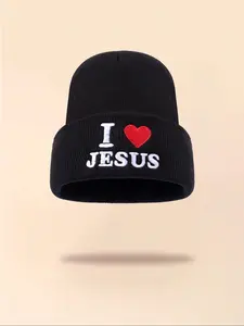 Unisex I Love Jesus Letter Embroidered Beanie, Casual Fitted Winter Warm Beanie Hat, Slouchy Skull Cap for Men & Women, Fall & Winter Outdoor Wear, Knit Hats, Embroidered Beanies
