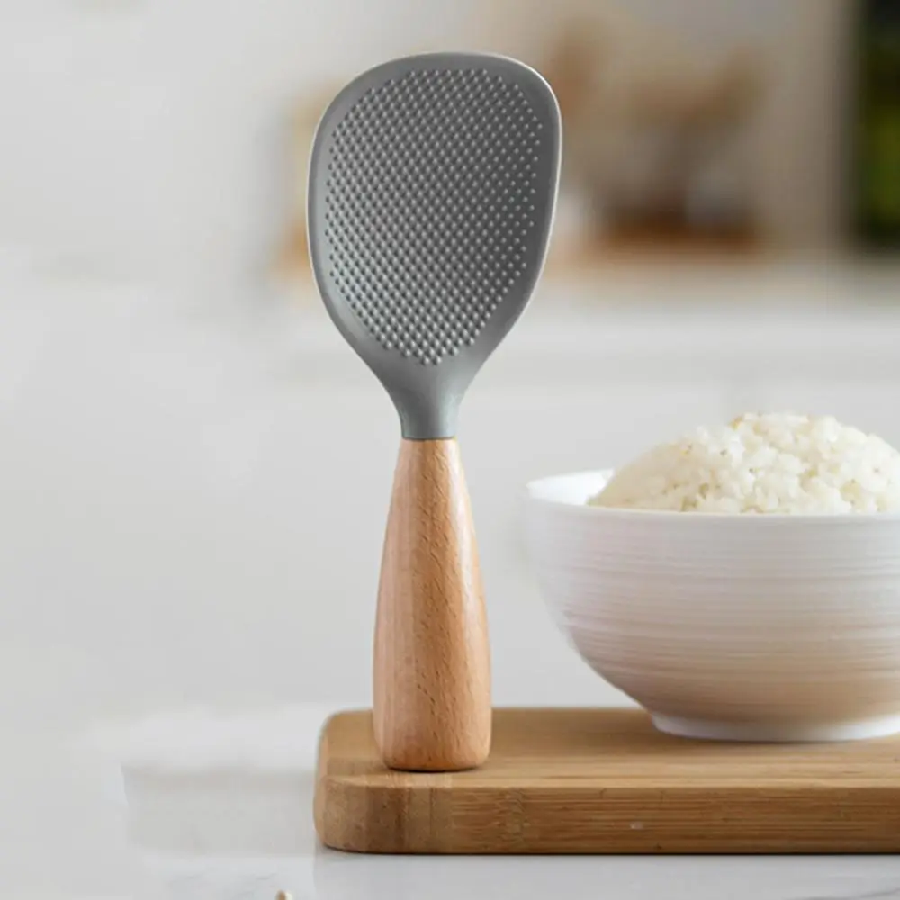 Silicone Wooden Handle Rice Spoon, Heat Resistant Non-slip Rice Spoon, Cooking Utensils for Home, School & Dormitory, Kitchen Accessories