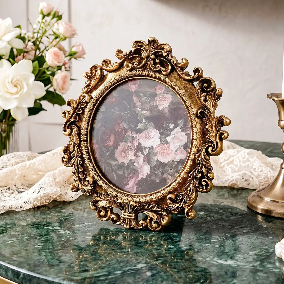 Baroque Floral Round Photo Frame, Resin Material, Victorian Style, Desktop Decor, Wedding, Birthday, Moving In, Gift, Home Decoration, Picture Frames