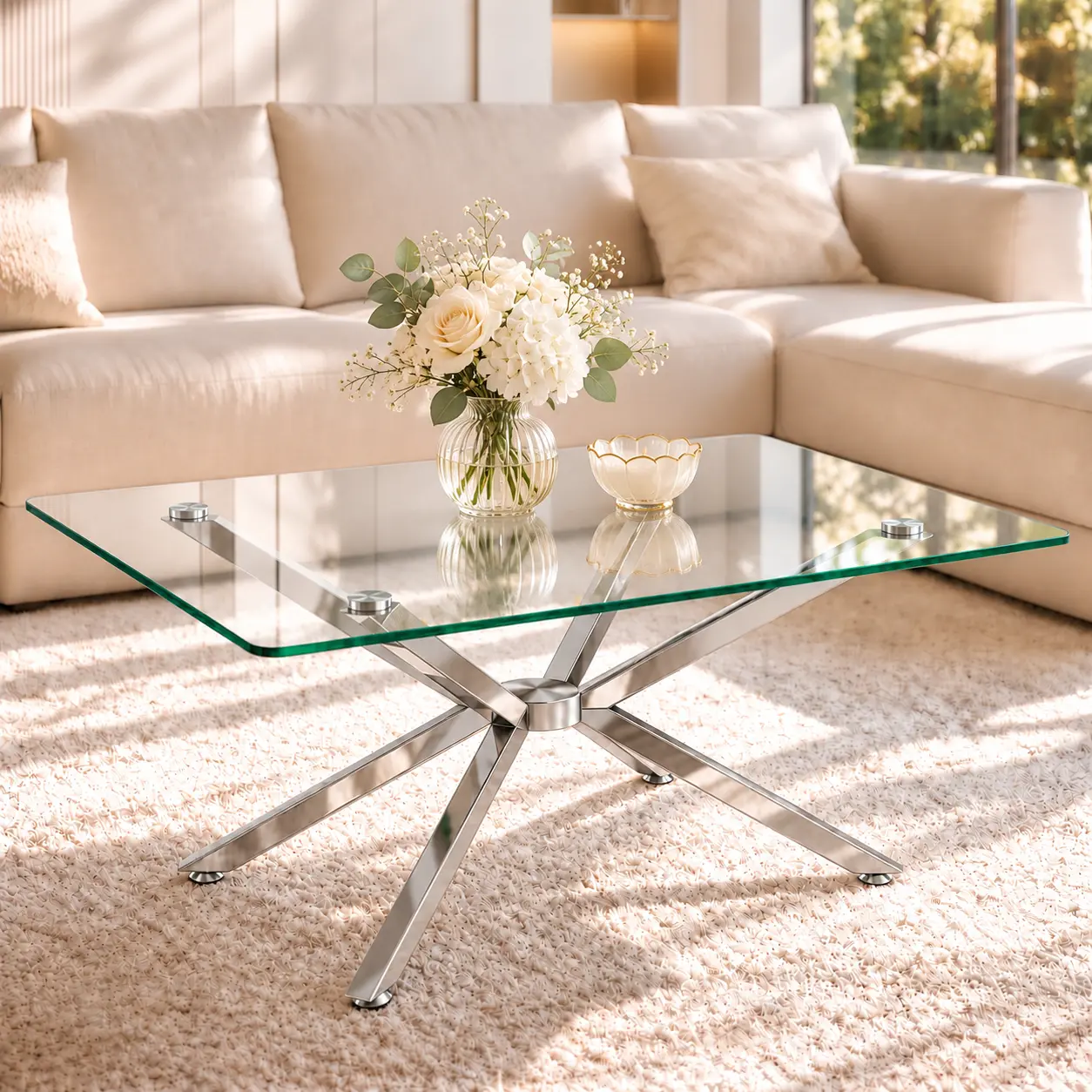 Silver Glass Coffee Table, 39.4" Clear Rectangular Top, Chrome Base, Modern Coffee Table for Living Room, 8 mm Tempered Glass Top, Silver Crisscross Metal Legs, for Apartments and Small Spaces