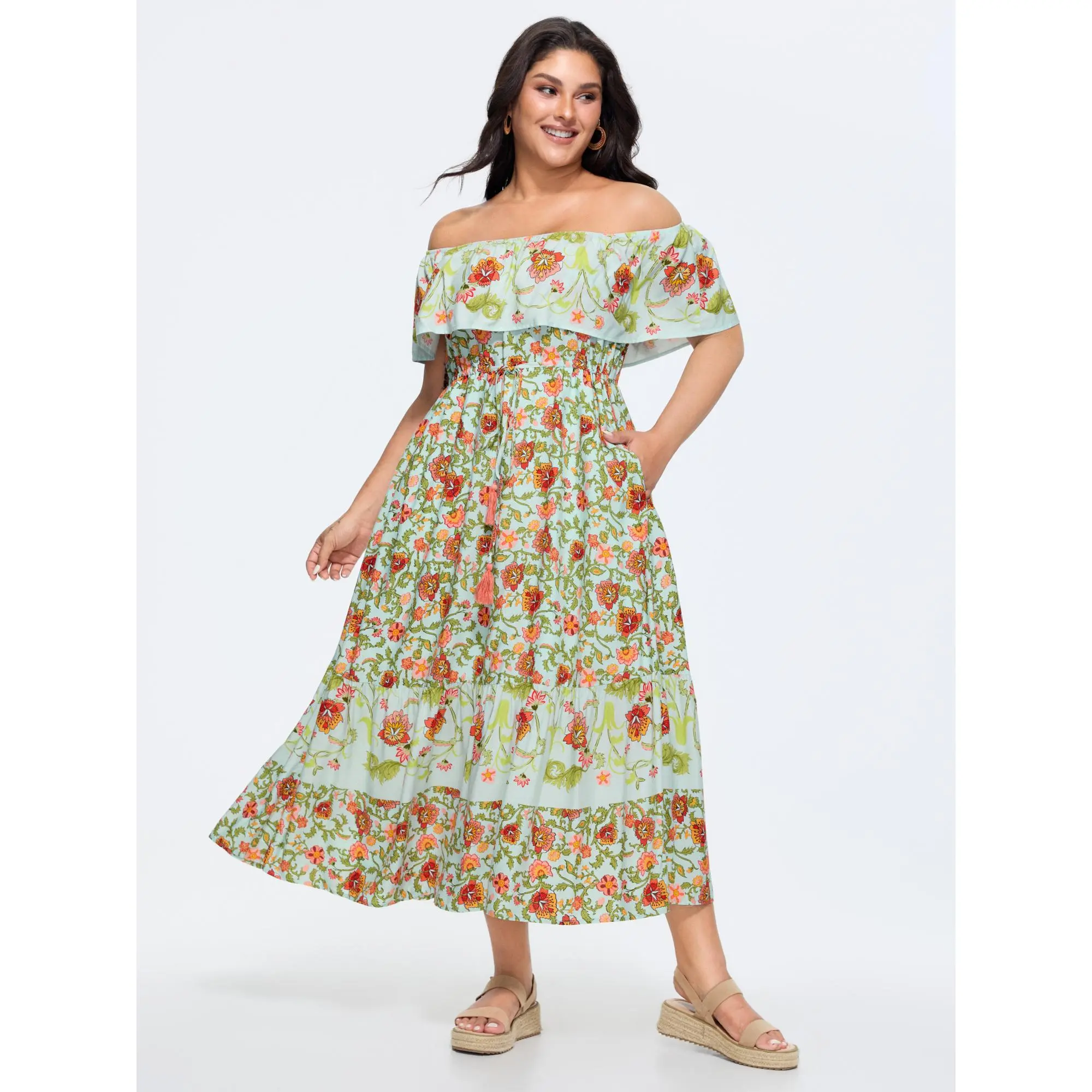 BloomChic Plus Size 1-Shoulder Boho Maxi Dress, Half Sleeve Patchwork Print Regular Fit Casual Wear with Pocket, Everyday, Hippie Style, Womens Dresses, Drop Shoulder, Comfy, Breathable, Multicolor, Bohemian, Simple, Fabric, Rayon, Plus Size Casual Dresse