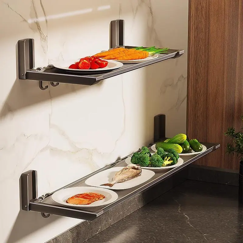 Foldable Wall-Mount Kitchen Prep Shelf, Compact Space-Saving Multifunctional Storage Organizer Rack, Collapsible Wall Shelf For Cooking Prep, Side Dishes & Food Serving Plates Storage