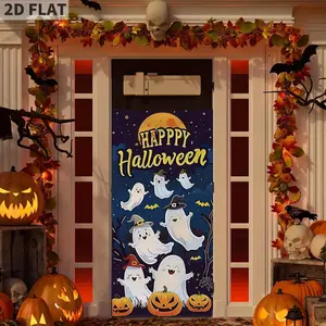 2D FLAT Flag Halloween Party Ghost Door Cover Trick or Treat Halloween Party Door Banner Halloween Scary Ghost Pumpkin Door Decorations for Front Door Porch Halloween Party Supplies Door Decor