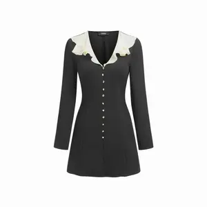 Cider V-neck Long Sleeve Two Tone Ruffle Metal Button A-line Mini Dress SwimWeek