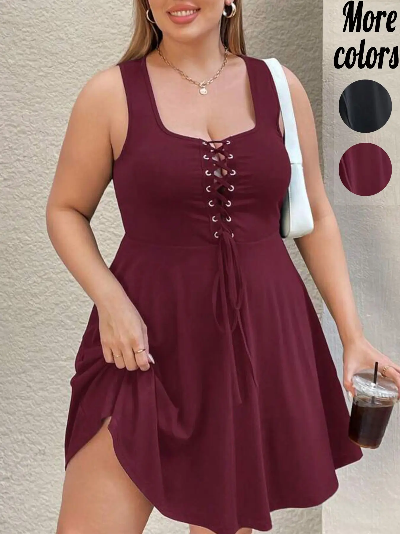 Plus‑Size Solid Square Neck Lace‑Up Slit Swing Dress, Beach Dress, Sleeveless, Casual Streetwear Style, Adjustable Drawstring Design & Breathable Lightweight Material, For Curvy Women, Ideal for Summer, Weekend Outings & Daily Styling