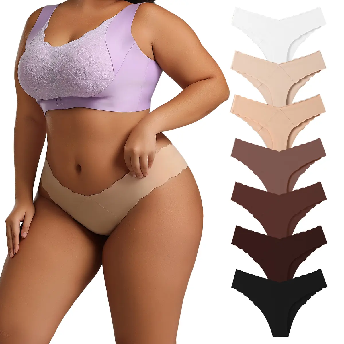 Hotcom Plus Size Women's High Waist Seamless Thongs - Feminine Scallop Trim, Soft Breathable Nylon Fabric, Seamless High Elasticity, Non-Chafe Stretch-Fit Underwear, All-Season Everyday Elegant Underwear, High Waist Thongs