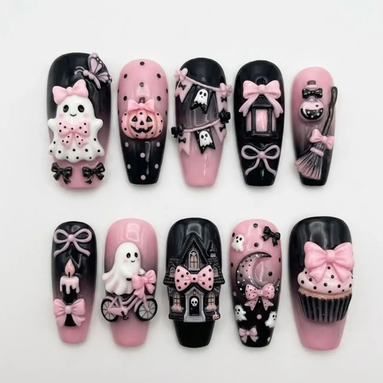 Handmade Pink and Black Halloween Press On Nails | 3D Sculpted Ghosts, Haunted House and Bows | Spooky Cupcake and Polka Dot Design