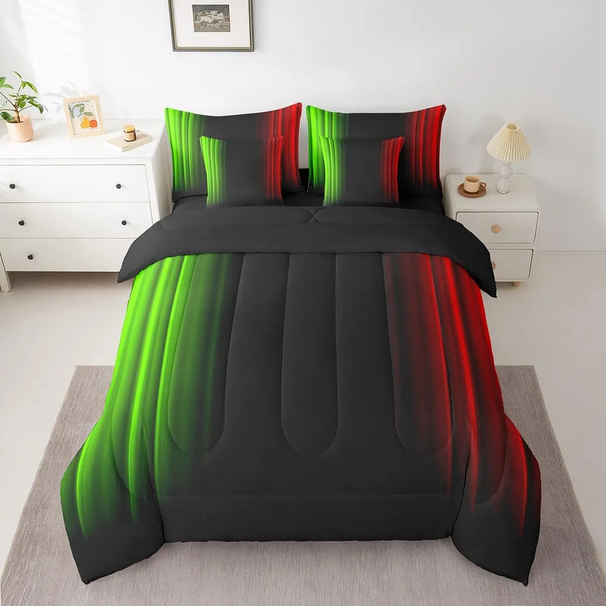 Feelyou 7-Piece Breathable Cloth Bedding Quilt Set - Multi-Size Modern Geometric Ombre Stripe Red-Green-Black Comforter Set with Sheets for Boys, Teens
