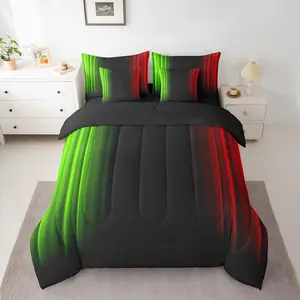 Feelyou 7-Piece Geometric Ombre Pattern Microfiber Bedding Set - Red, Green and Black Modern Striped Comforter Set with Sheets for Boys, Teens