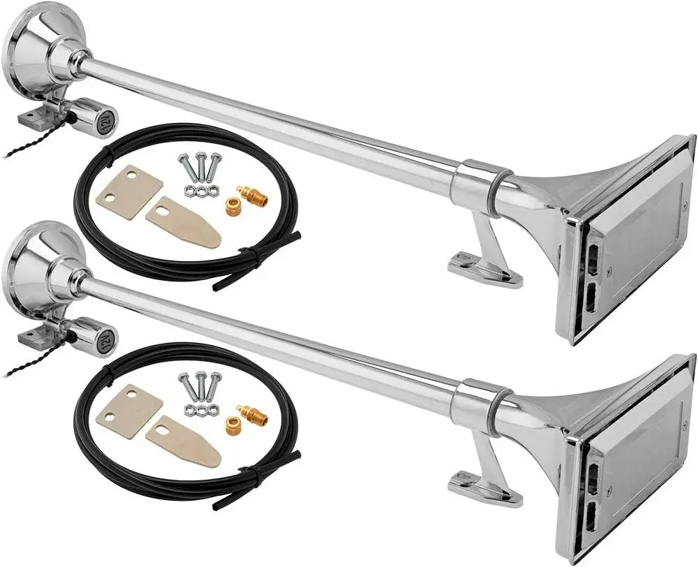 Dual Horns Train Horn for Boat/Truck/Car. Air Horn Waterproof Chrome Plated Dual Trumpet (Large) + Cover. Super Loud dB. Marine Grade Finish. Fits 12v Vehicles like Semi/Pickup/Jeep/SUV VXH1167CX2