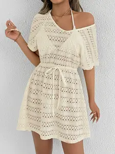 Women's Crochet Swimsuit Cover Up V Neck Short Sleeve Drawstring Waist Hollow Out Knit Off Shoulder Summer Beach Vacation Dress