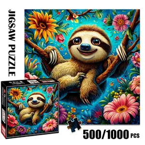 1pc 1000 piece adult puzzle 58x58cm Smiling Sloth on Branch Surrounded by Flowers 500 pieces paper jigsaw puzzle suitable for DIY creative games for adults and families, birthday and holiday stress
