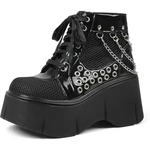 Women's Black Platform Boots Wedge Goth Round Toe Lace Up Chain Mesh Punk Combat Ankle Booties