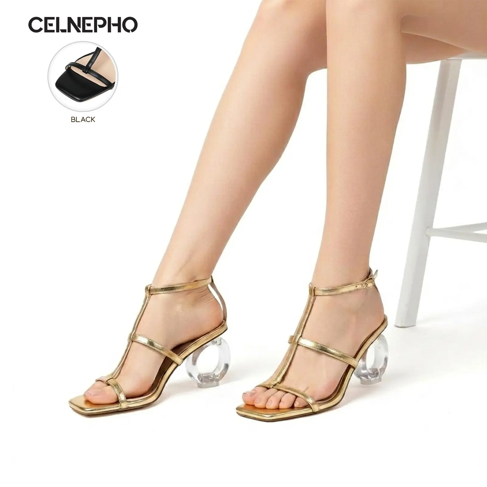 CELNEPHO Womens Strappy Sandals Open Square Toe Clear transparent Heel Adjustable Ankle Strap Design Easy Slip on T- Strap Heeld Sandals Party Gift Work Everyday Casual Wear Wedding Trendy Dress Shoes