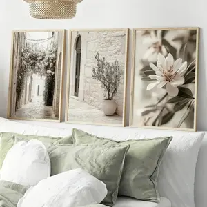 3 Pieces/set of Optional Wooden Frame, Vintage Italy City Landscape Canvas Decorative Wall Art Set, Olive Green Tree Country Wall Decor, Modern Minimalist Countryside Style Painting, Floral Prints