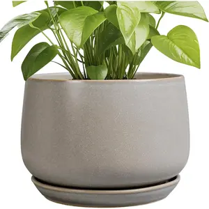 Ceramic Planter 9 Inch - Round Modern  Pots with Drainae and  Saucer Indoor Outdoor for Flower, Vanity Decor, House ifts, Retro rey