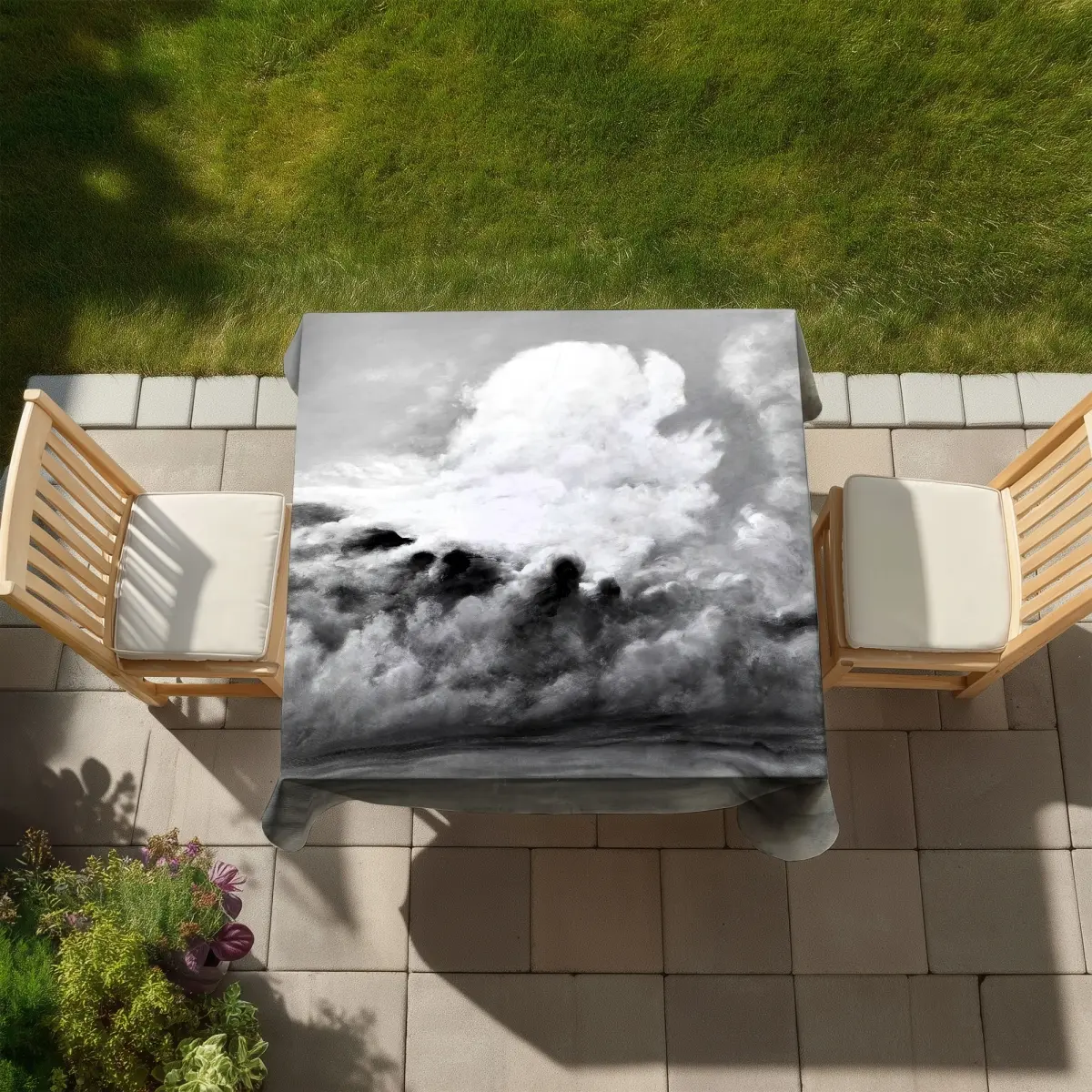 58x58 in Mountain Cloud Motif Square Tablecloth with 360 Stand - White, Easy Clean Washable Table Cover, Indoor/Outdoor Patio Furniture Accessory, C1TC5858AXN32C