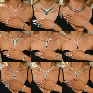 Green Bridal Jewelry Set Necklace Earrings Bracelet Silver Rhinestone Set Bridesmaid Prom Accessories Vacation
