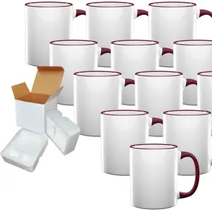 12-Piece Set: 11oz Dark Red Rim & Handle Sublimation Mugs with Foam Support Mug Shipping Boxes