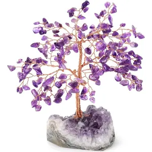 Handmade Chakra Gemstone Crystal Tree of Life,Natural Amethyst with Amethyst Cluster Base,Bonsai Feng Shui Decor Money Tree,Healing Crystals Positive Energy Gift Size 5.5"-6.3"