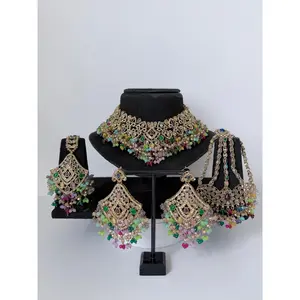Bollywood Sairoon Polki and Stonework Necklace set with Earrings, Mangtika and Jhoomar
