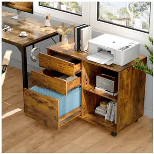 3 Drawer File Cabinet with Wheels, Rolling Wood Printer Stand and Open Storage Shelves for Home Office, Rustic Brown
