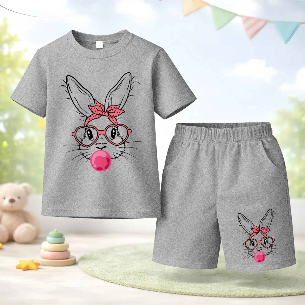 Unisex Kids Easter Cute Style Pink Bow Rabbit Printed Design Short Sleeve T-Shirt and Shorts Set, Casual Kids Summer Outfit, Comfortable Crew Neck Clothing Set for Daily Wear and Outdoor Play02