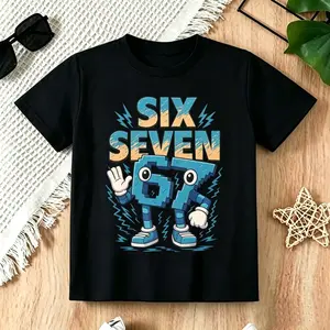 Boys' 67 Number Style Cotton T-Shirt, Kids' Italian Brainrot Meme Top With Cartoon & Smiling Face Pattern, Soft Breathable Round Neck Casual Tee, Stylish Birthday Party Outfit For 7-Year-Old Boys
