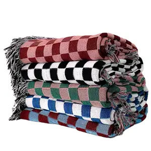 Checker Print Throw Blanket 50" x 60" Living Room Decor or Picnic Rug with Colorful Patterns and Fringed Edges