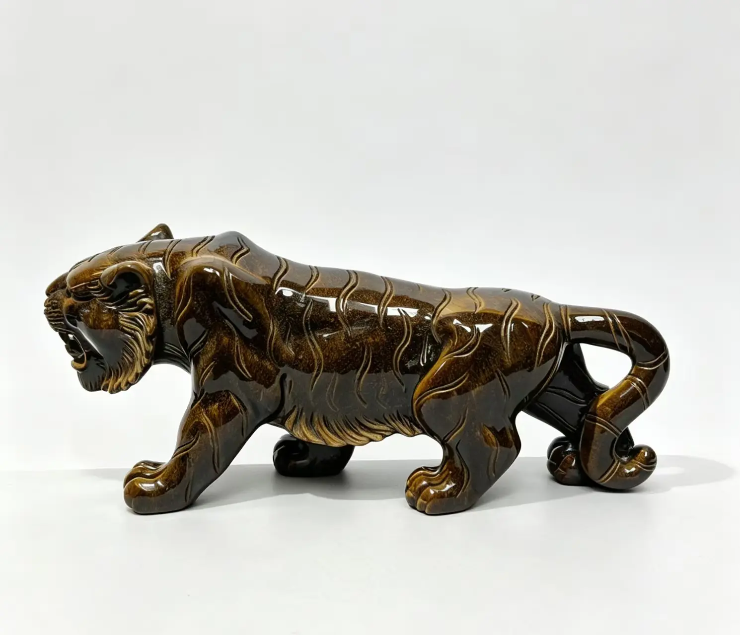 Natural Golden Tiger-Stripe Tiger Eye Stone Statue, Crystal Animal Ornament for Crystal Collection