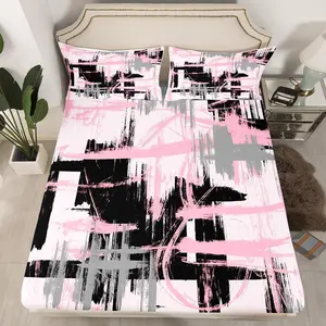 Feelyou Bedroom Bedding Set - Breathable Bedsheet Sets with Pink, Grey, Black Abstract Modern Striped Geometric Fitted Sheet and Bed Cover
