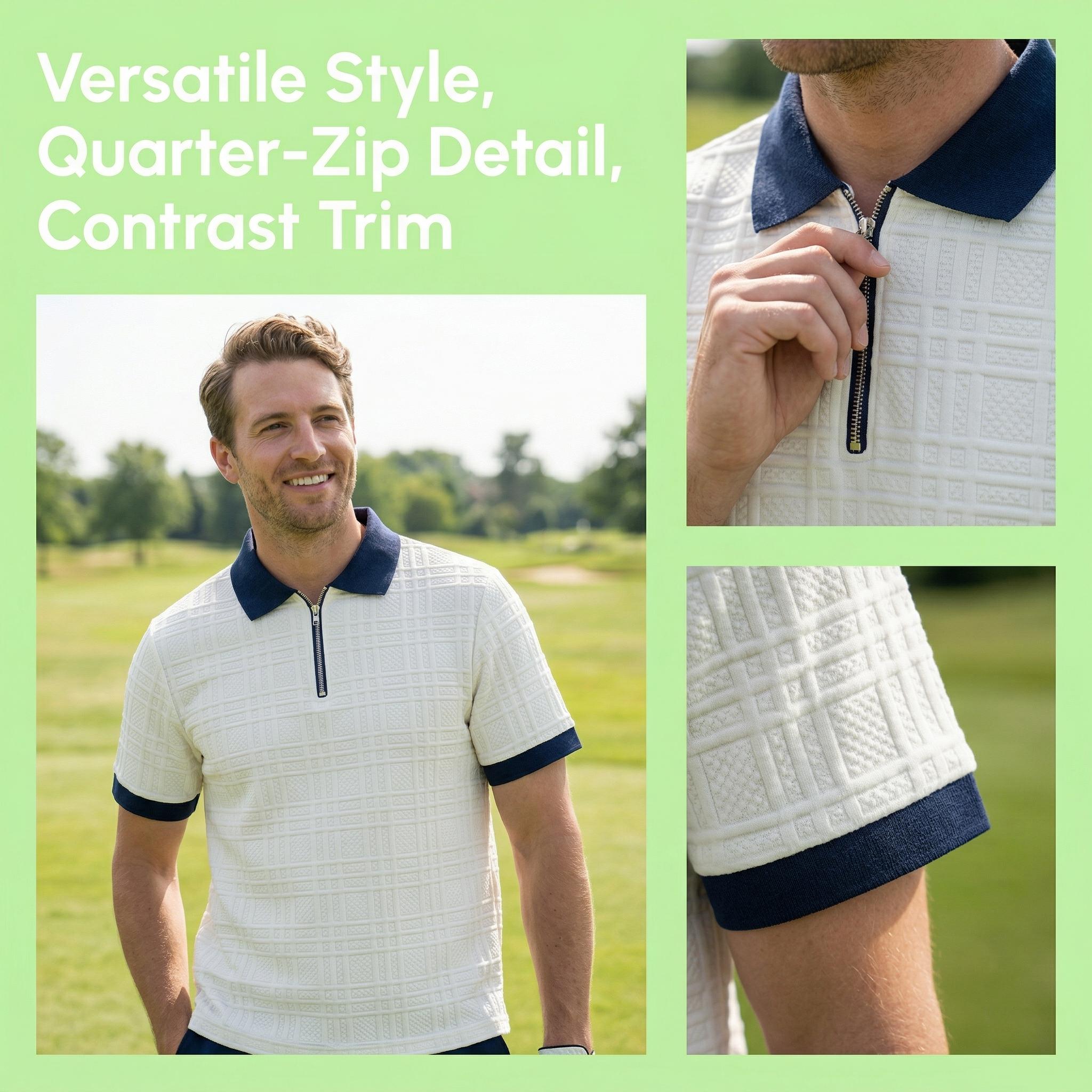 Mens Textured Half Zip Polo Shirt, Breathable Short Sleeve Golf Casual Tee for Men