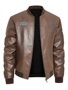 American retro men's brown motorcycle leather jacket, outdoor cycling jacket, embroidered baseball collar leather jacket, men's brown standing collar windproof jacket, Coats, All Seasons