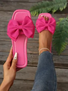 Summer Flat Sandals Bowknot Design PU Material Square Toe Less Than Ankle Casual Shoes Suitable for Dating Vacation Party Shopping Home Footwear