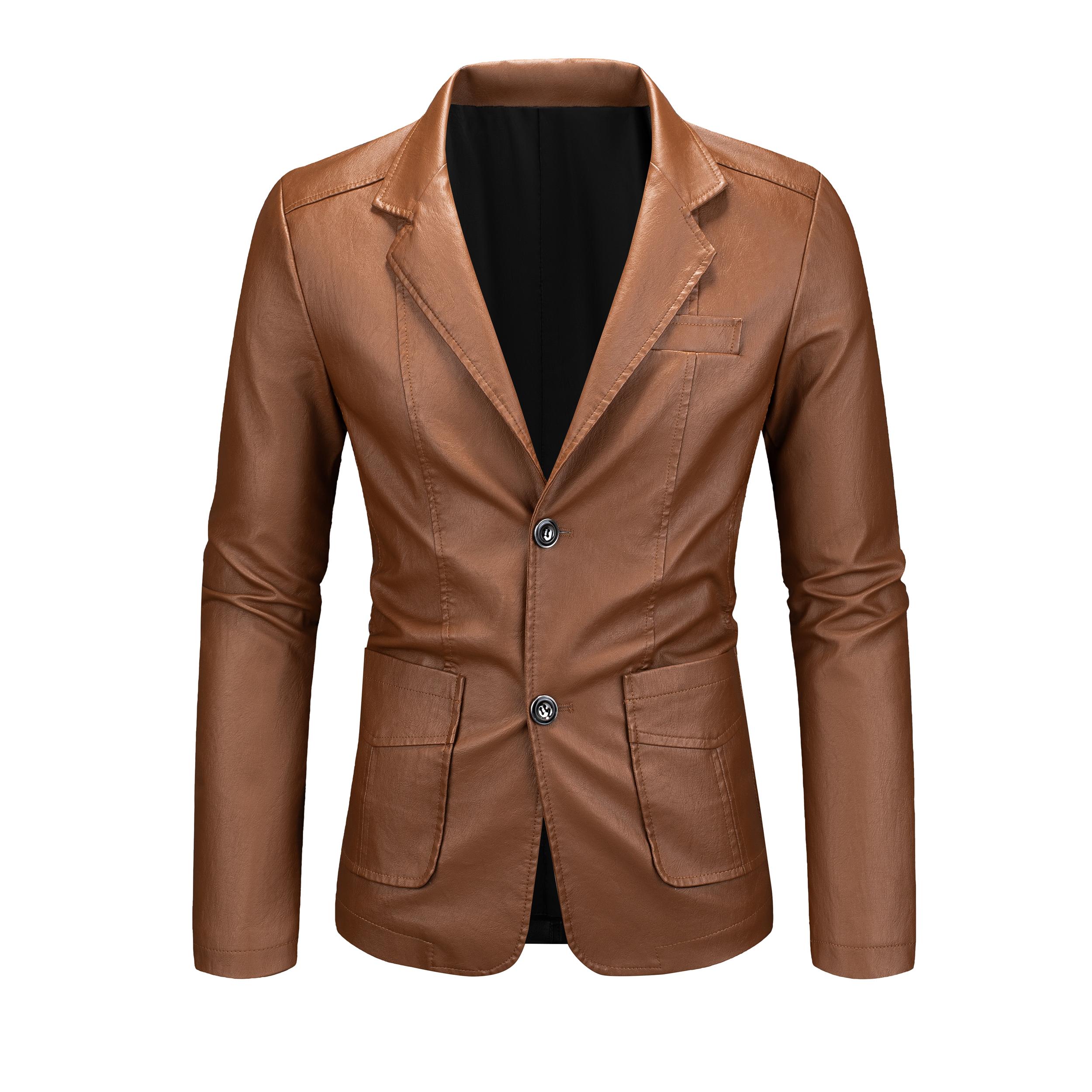 Men's Chic Faux Leather Slim-Fit Double-Button Blazer - Plain, Do Not Iron Business Casual Menswear for All-Seasons Commuting
