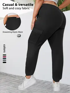 【Plus Size】 Solid Drawstring Waist Cargo Pants, Casual Pocket Trousers for Women, Women's Bottoms for Fall & Winter
