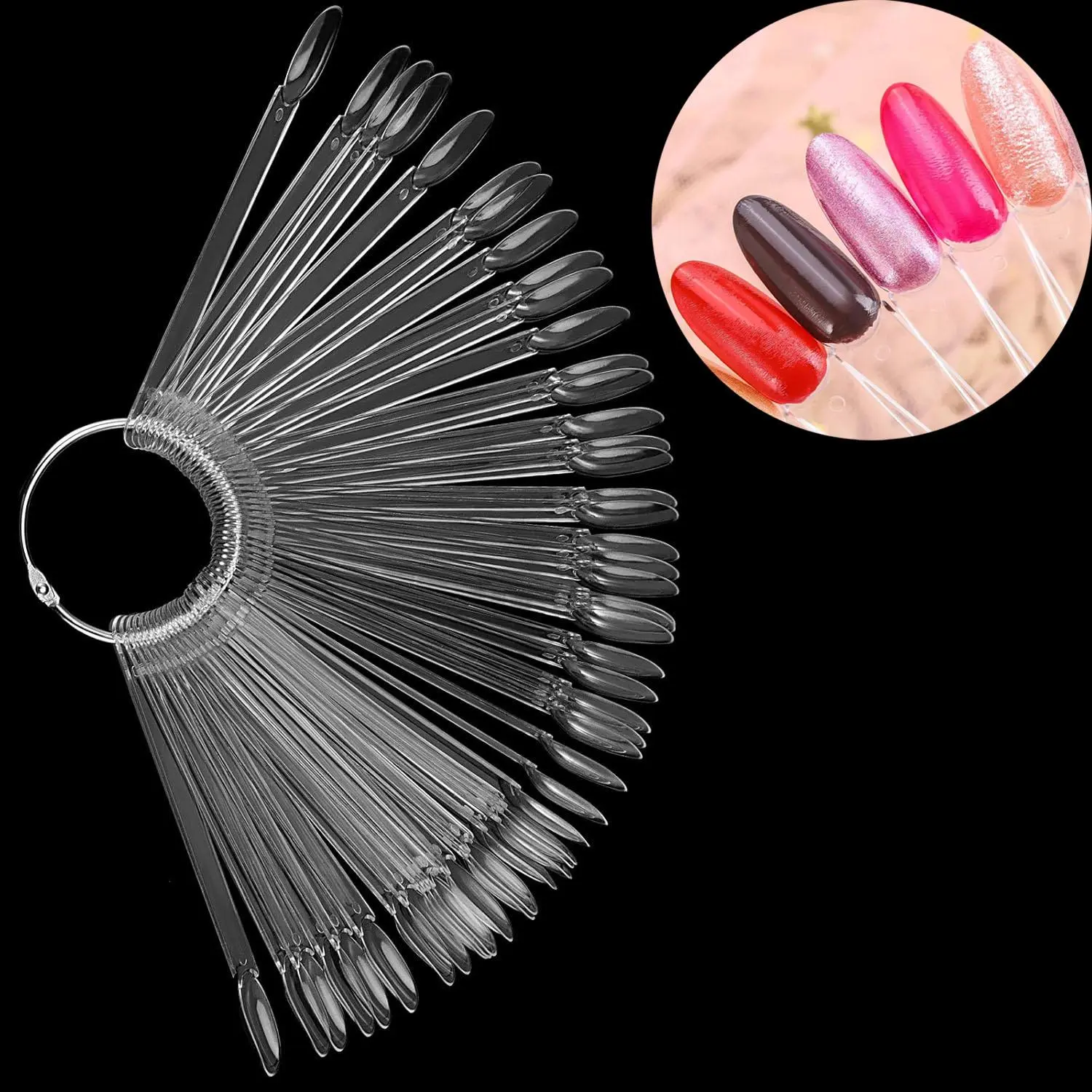 Almond Nail Swatch Stick, 100pcs Gel Polish Color Design Display Stick Tips, Clear Almond Fan Cards Nails Art Practice Tool for Professional Use Sample Tools DIY Home Nail Art Nail Swatch Sticks Stylish Acrylic Nails with Ring