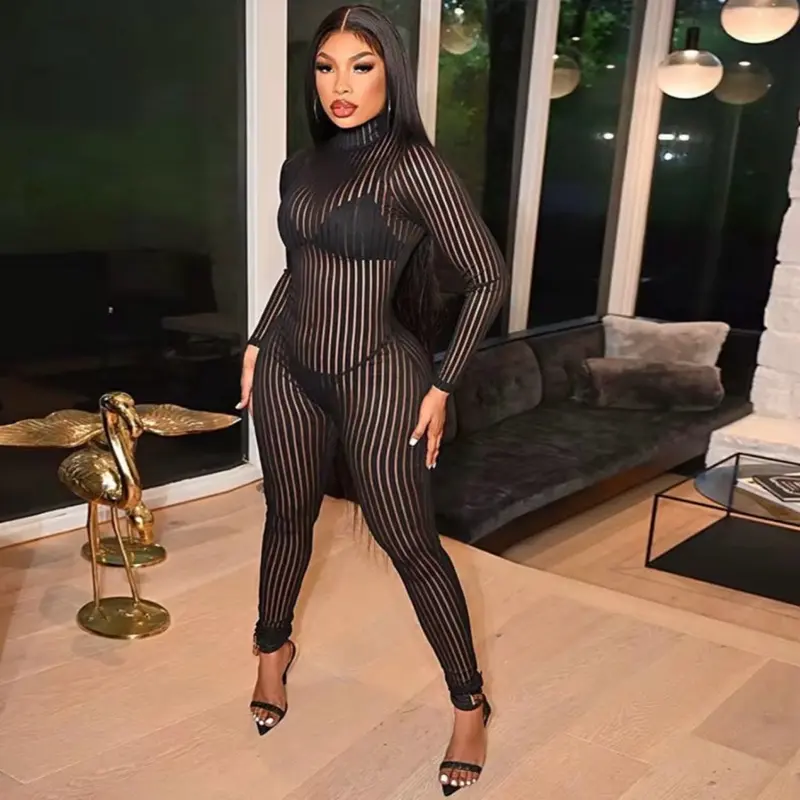 See Through (turtleneck) Strip Long Sleeve Jumpsuit