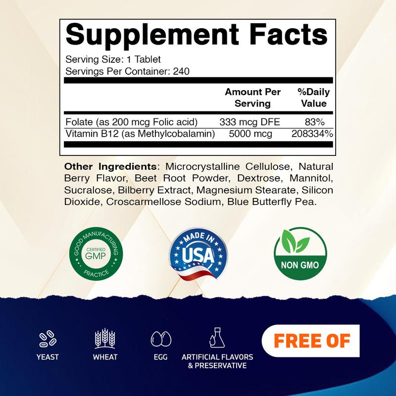 Vitamatic Methyl B12 5000 mcg - Natural Berry Flavor - 240 Fast Dissolve Tablets - Methylcobalamin & Folic Acid for Energy & Nervous System Support - Healthcare Vitamin Supplement - Dietary