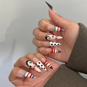 Female Alchemy Press On Nails, Polka Dot & Retro Stripe Art Nails, Polka Dot Graphic Nails, Colorful Stripe Fake Nails, Polka Dot Press Ons