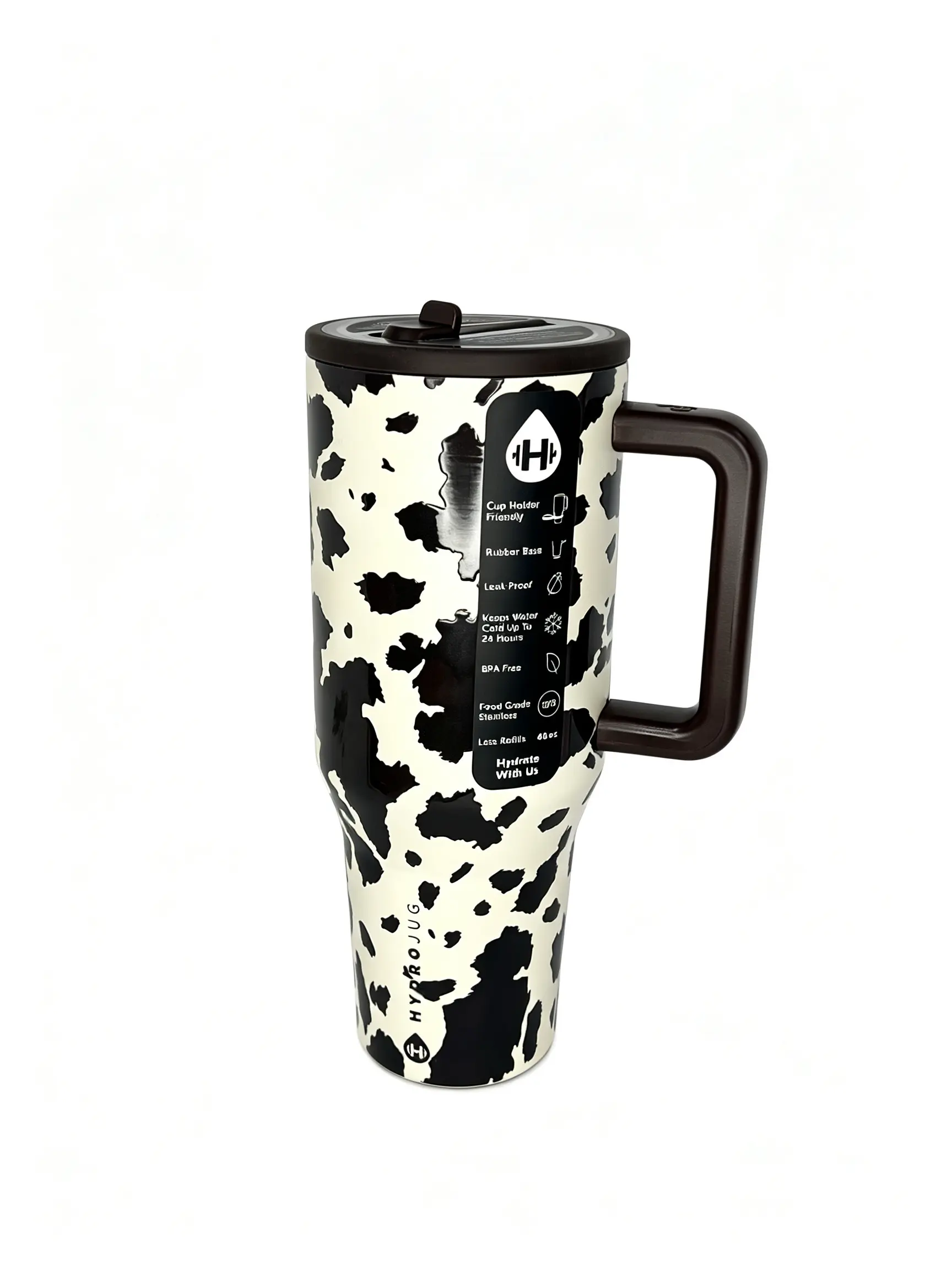 HydroJug 40oz Cow Print Tumbler with Handle - Insulated Stainless Steel Travel Mug, 24hr Cold, Leak Proof Straw Cup Car Cup Holder Friendly