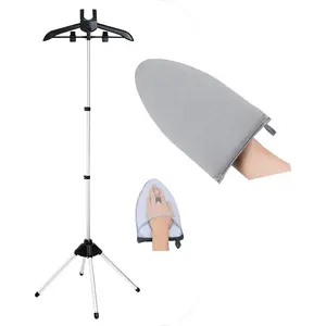 Clothes steamer stand hanger with steaming ironing glove, handheld garment steamer rack with grey mini handheld ironing board